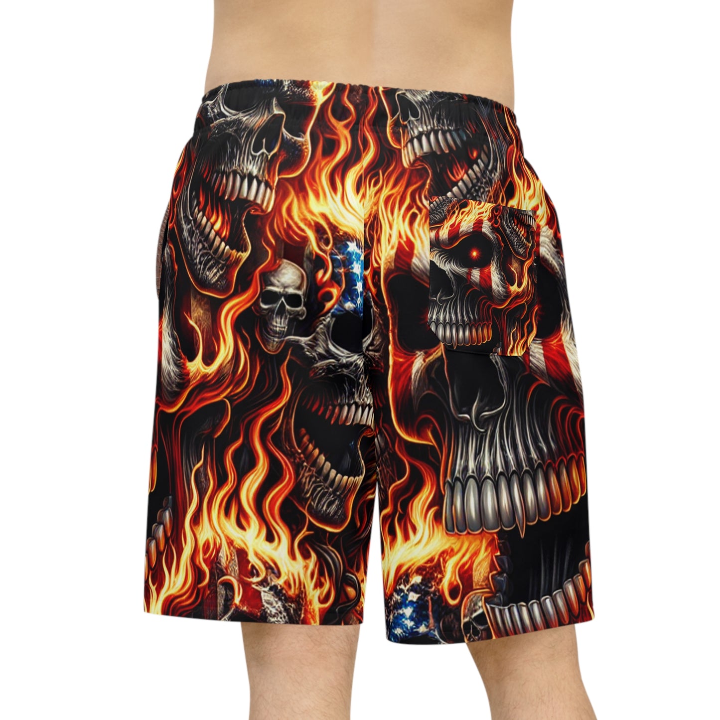 Patriotic Inferno: Skull Blaze Tattoo Artistry Shorts - Patriotic Streetwear Shorts