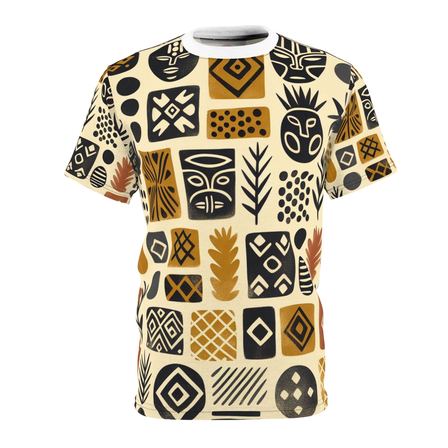 Handcrafted African Mud Cloth Inspired Tee - Abstract, Tribal Grid Pattern, Organic Shapes - African Tribal Pattern-Inspired