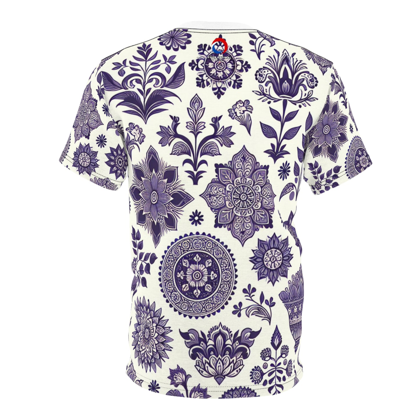 Classic Indian Heritage Seamless Pattern T-Shirt in Purple - Traditional Floral & Geometric Motifs on a White Background - Modern Minimal Aesthetic Apparel