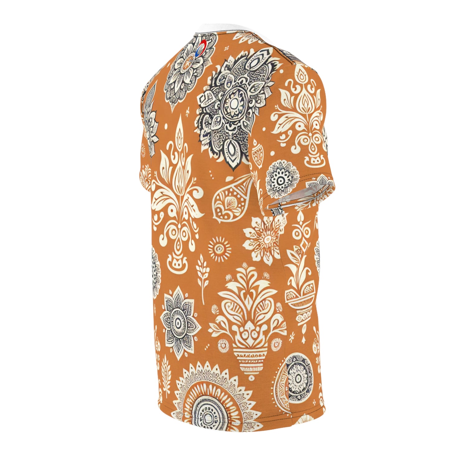 Traditional Indian Motif Print T-Shirt - Luxury Floral & Geometric Seamless Pattern - White on Orange - Modern Ethnic Décor Design Style