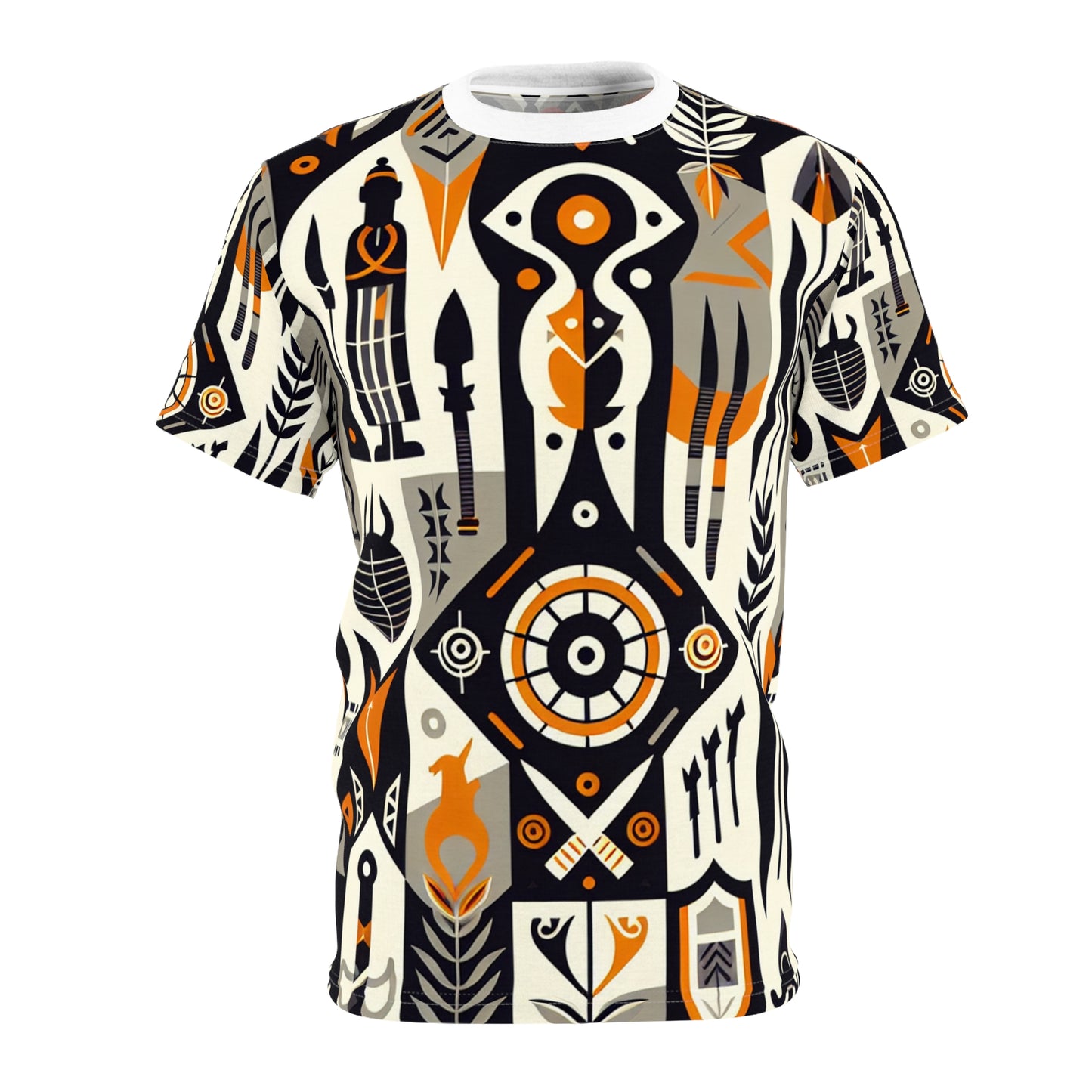 African Fusion Graphic Tee: Monochrome, Orange Highlights, Spearhead & Shield Design - African Tribal Pattern-Inspired