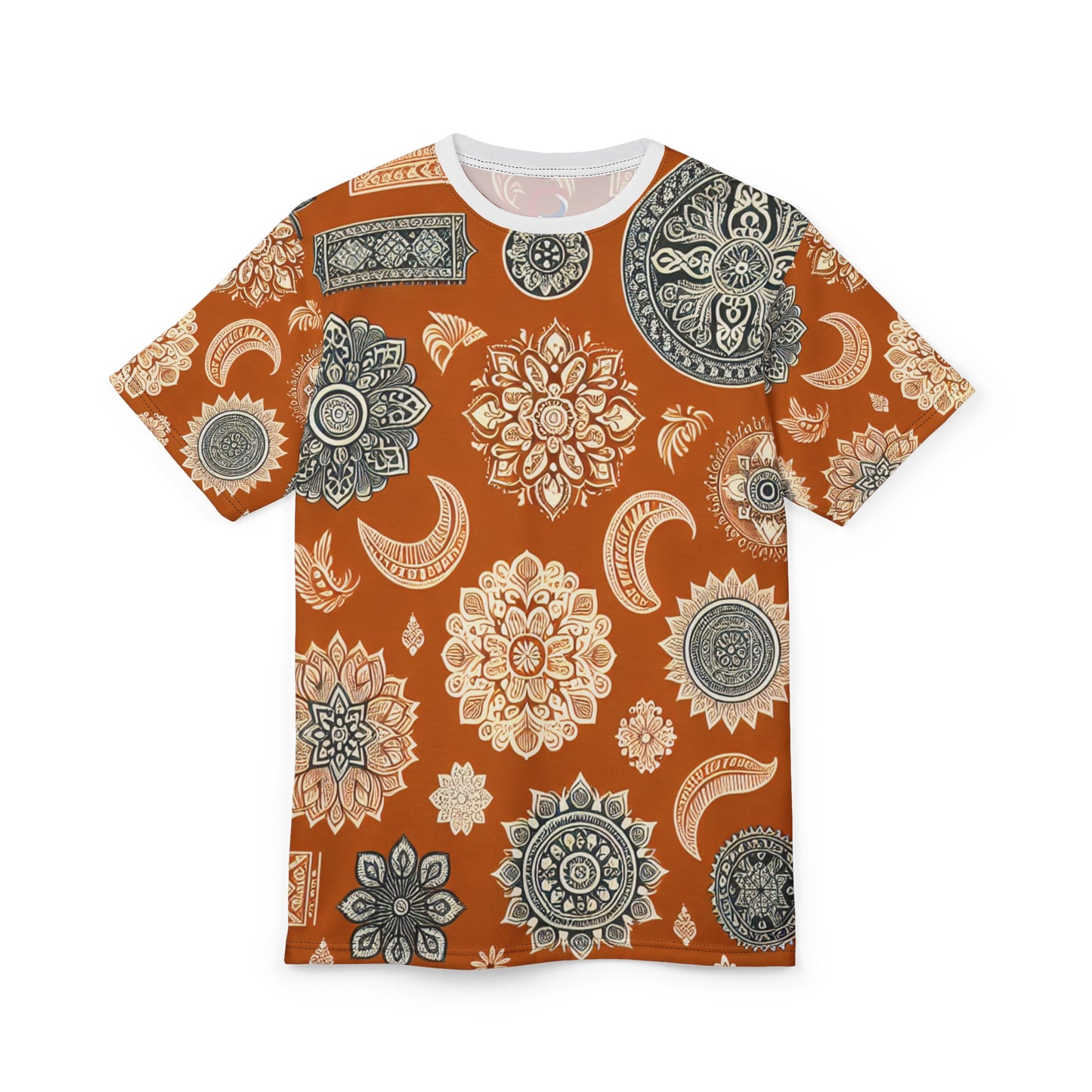 Orange Indian Motif T-Shirt – White Floral & Geometric Pattern, Minimal Ethnic Wallpaper Tee, Traditional India Design Apparel
