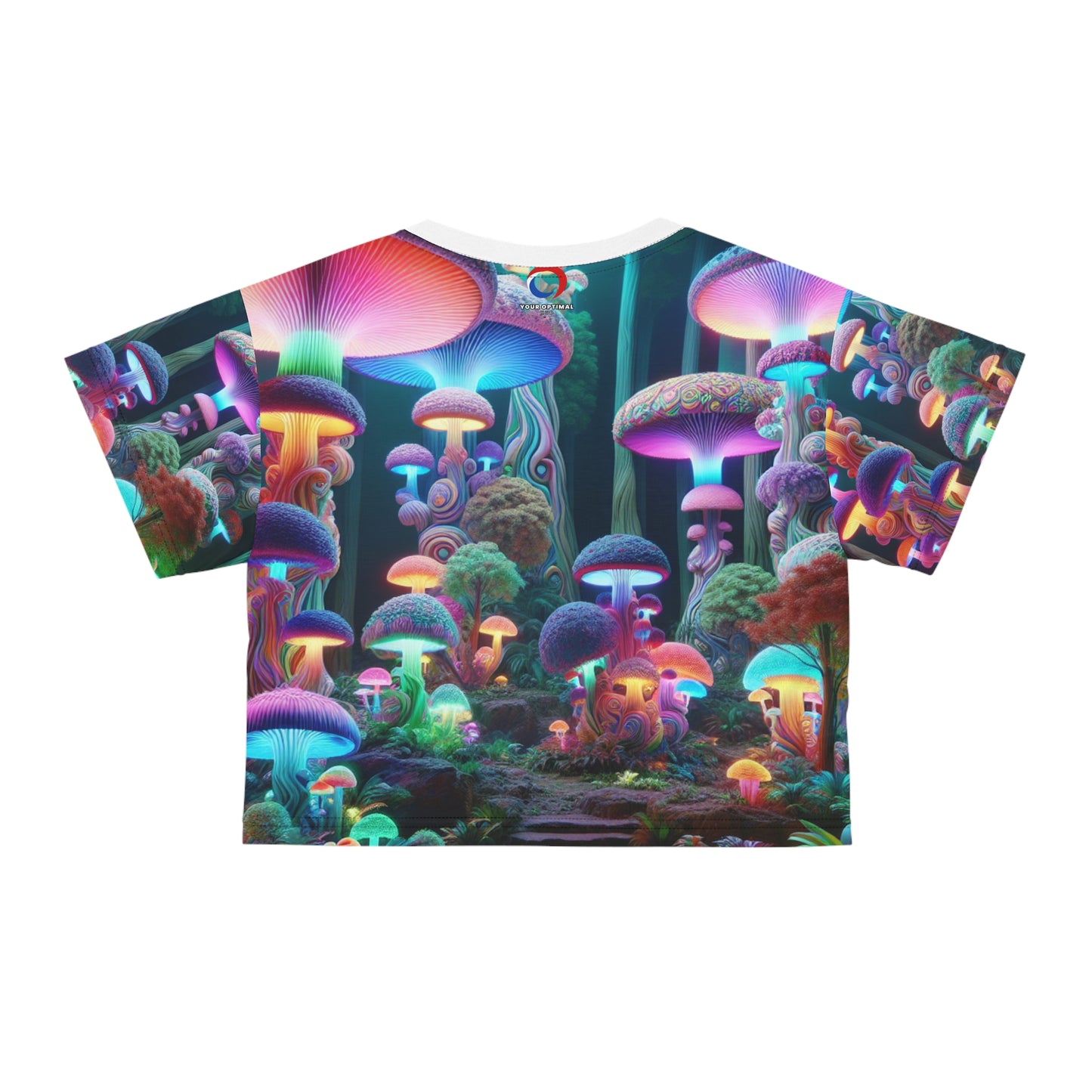 Psychedelic Enchanted Forest 3D Graphic Women's Crop Tee - Surreal Neon Mushroom & Vivid Nature Design - Women's Trippy Tee