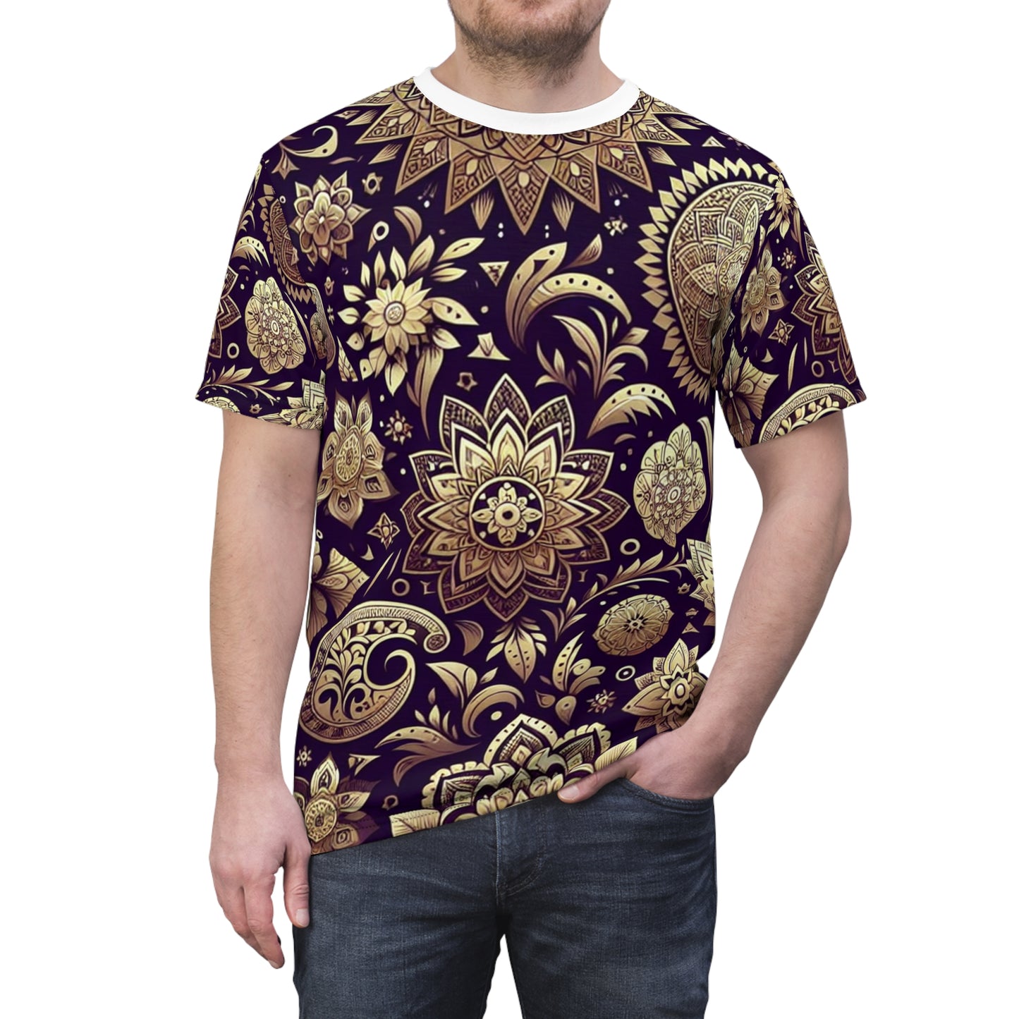 Premium Ethnic Gold & Purple T-Shirt with Traditional Indian Motifs - Seamless Pattern Design with Intricate Floral and Geometric Shapes - Luxurious Reflect Tee