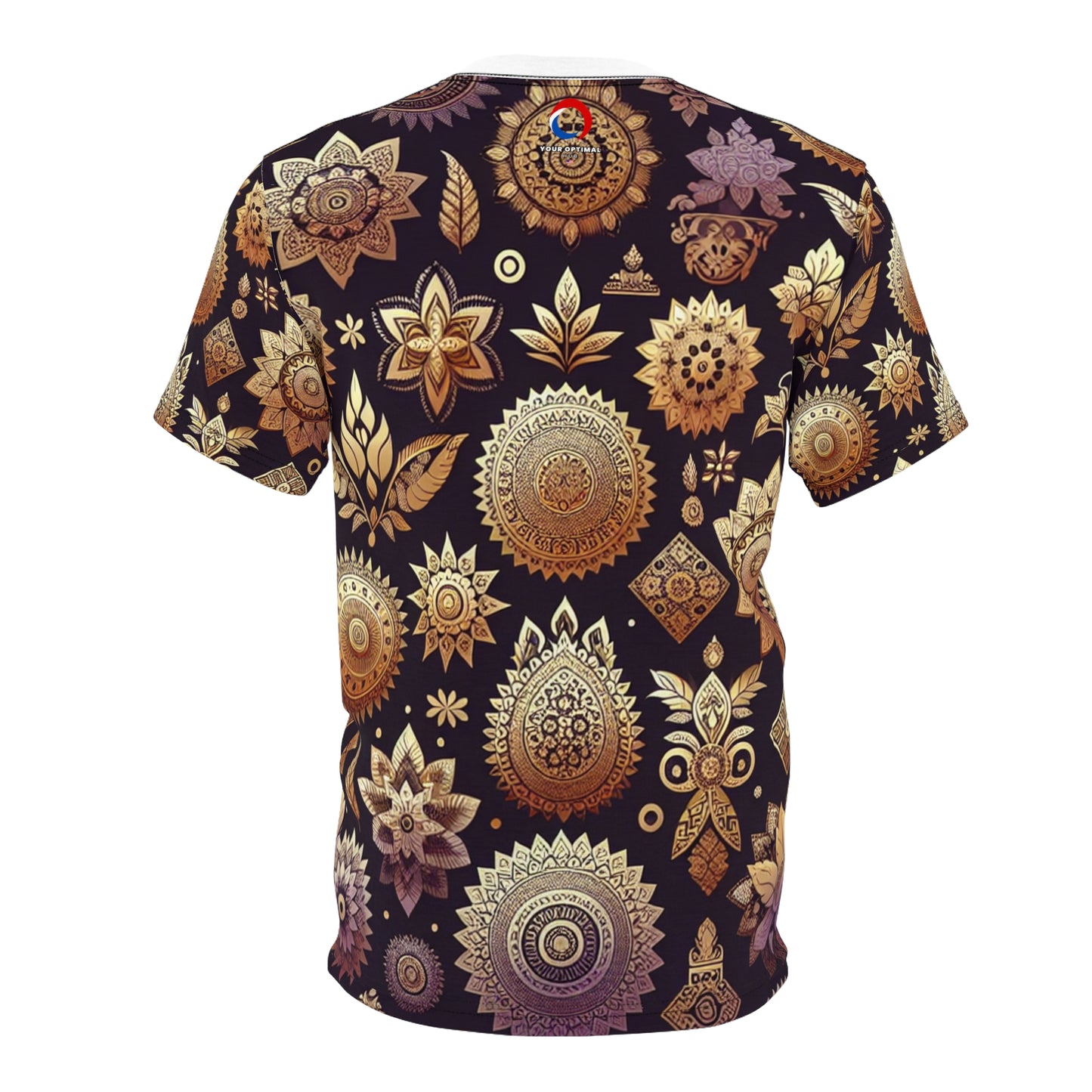 Golden Mirage: Traditional Indian Motif T-shirt in Intricately Designed Floral & Geometric Shapes on Vibrant Purple, Embodying Rich Indian Heritage