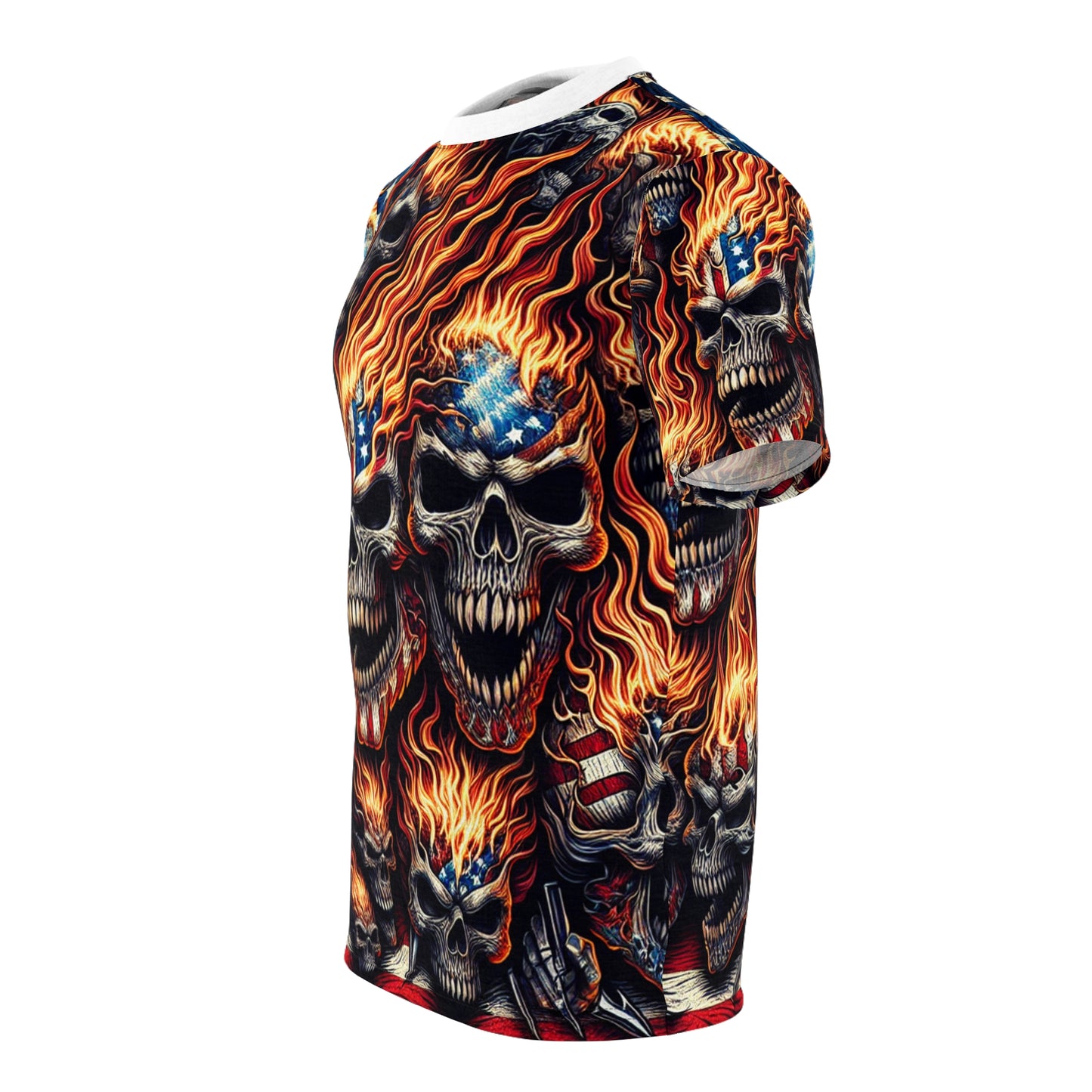 Patriotic Inferno: Scarlet Skull Cascade T-Shirt - Patriotic Streetwear Tee