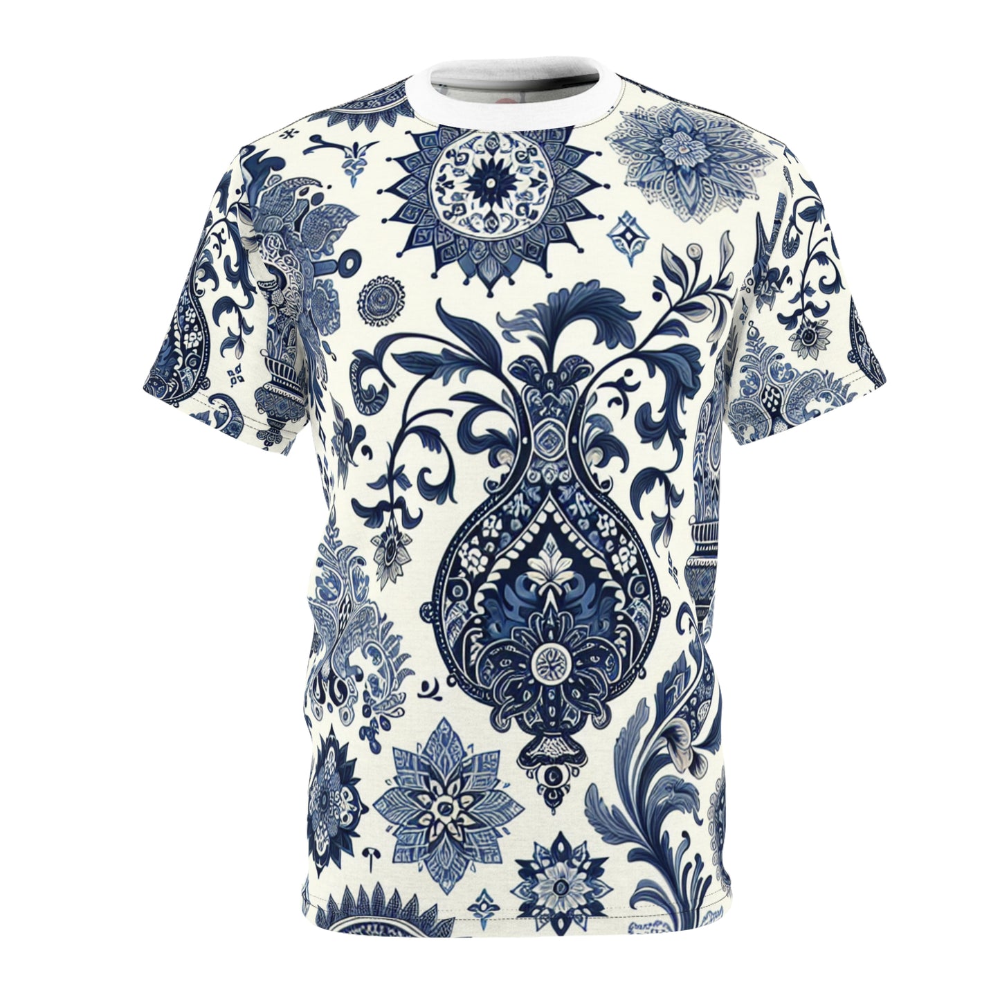 Classic Indian Motif Seamless Pattern T-shirt - Intricately Designed Floral Geometry in Blue & White Aesthetic - Rich Heritage of Indian Motifs Tee