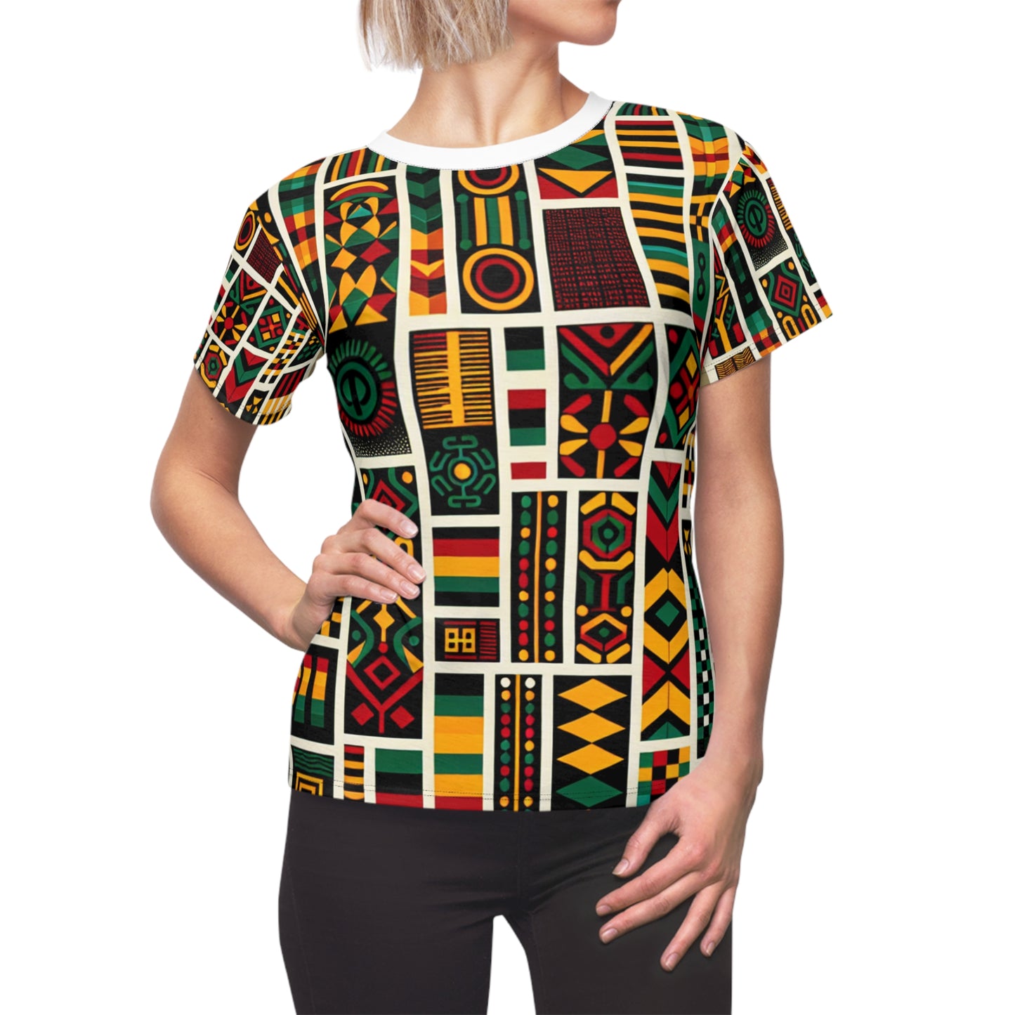 Bold Pan-African Tribute Women's Tee: Vibrant Geometric & Cultural Symbolism in Kente, Adinkra Patterns - African Tribal Pattern-Inspired