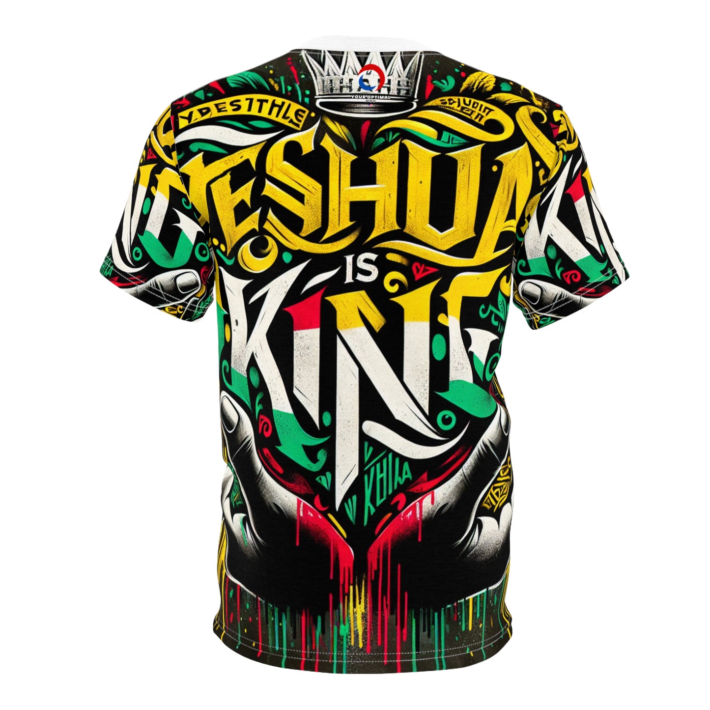 Yeshua is King Graffiti-Style Heart T-Shirt - Rasta Palette Bold Distressed Text, Expressive Faith-Inspired Art - Rastafarian Art-Inspired Tee