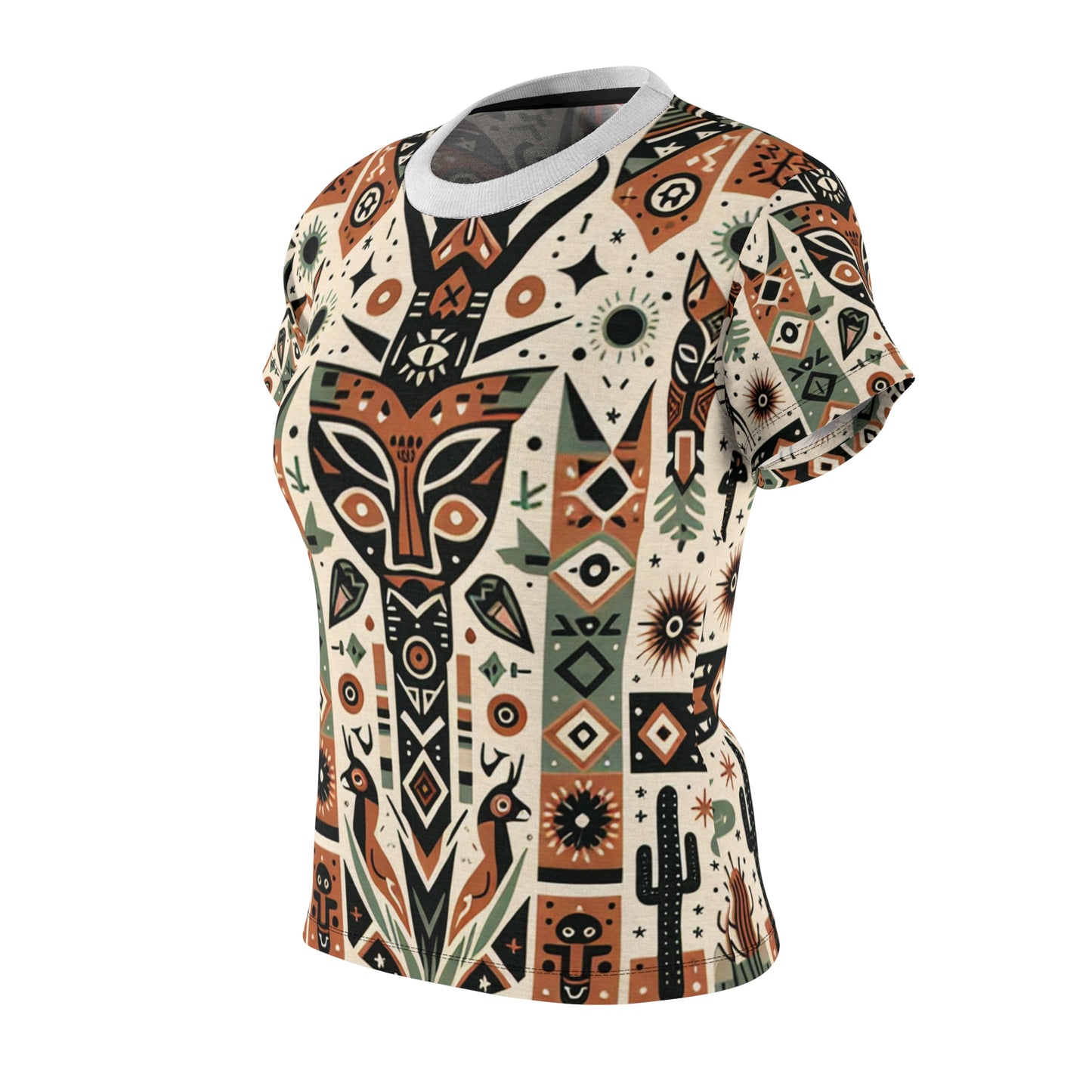 Women's Tribal Art T-Shirt: African-American Fusion, Symmetrical Nature Totem, Geometric Fauna & Flora, Earthy-tone Palette - African Tribal Pattern-Inspired