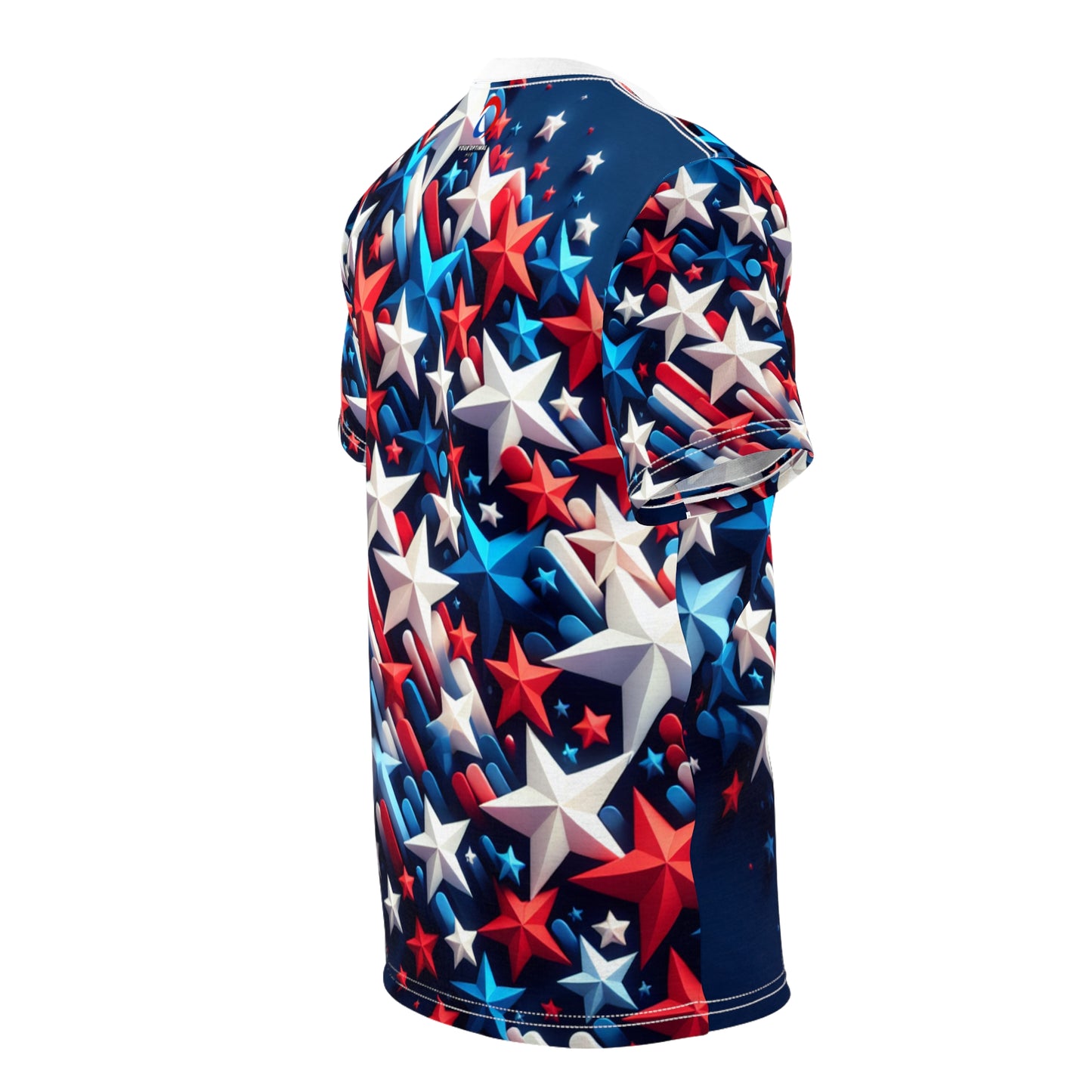 Vibrant 3D Stars Design T-shirt: Red, White & Blue - Patriotic Celebration Tee on Rich Navy Blue - American Streetwear