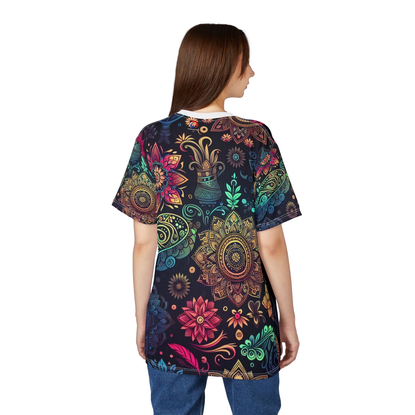 UV Reactive Indian Motif T-Shirt – Neon Bioluminescent Floral & Geometric Pattern on Black – Traditional Desi Style Glow Tee