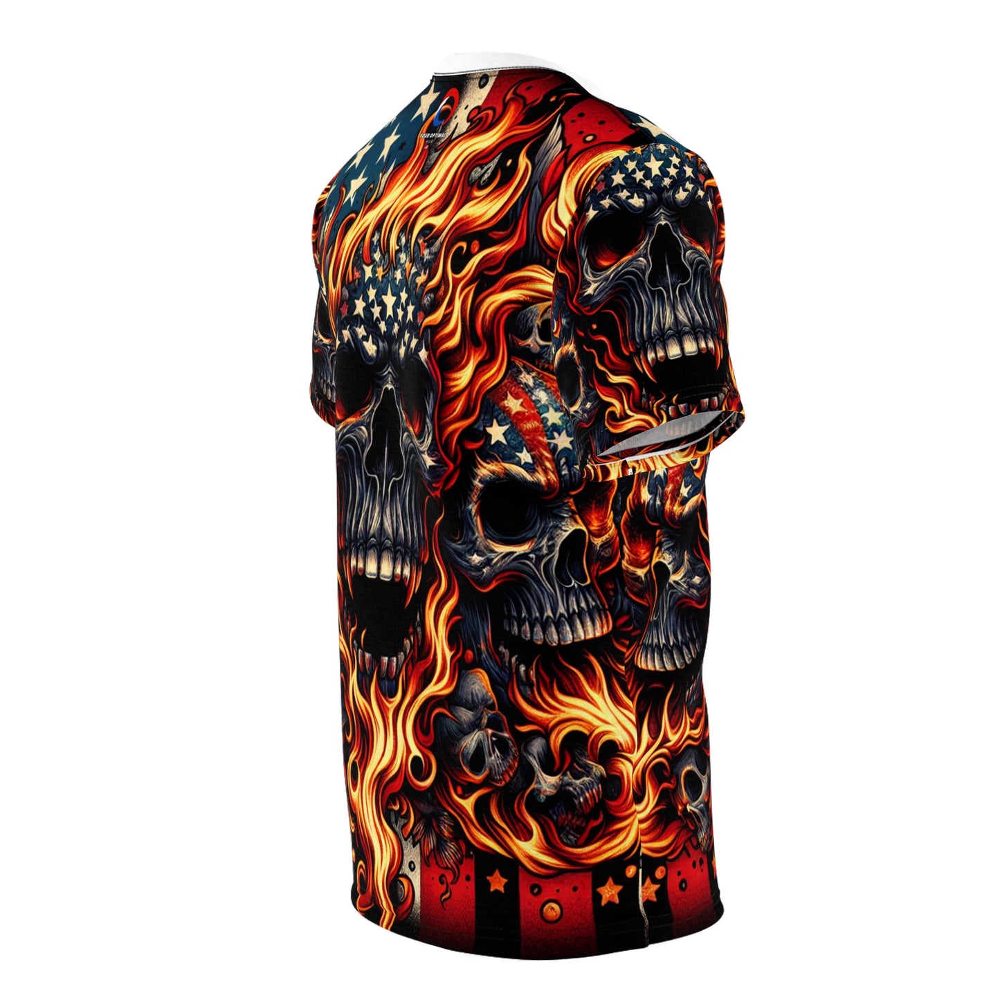 Fiery Patriotic Inferno: Skulls Unleashed in Bold American Glory T-shirt - Patriotic Streetwear Tee