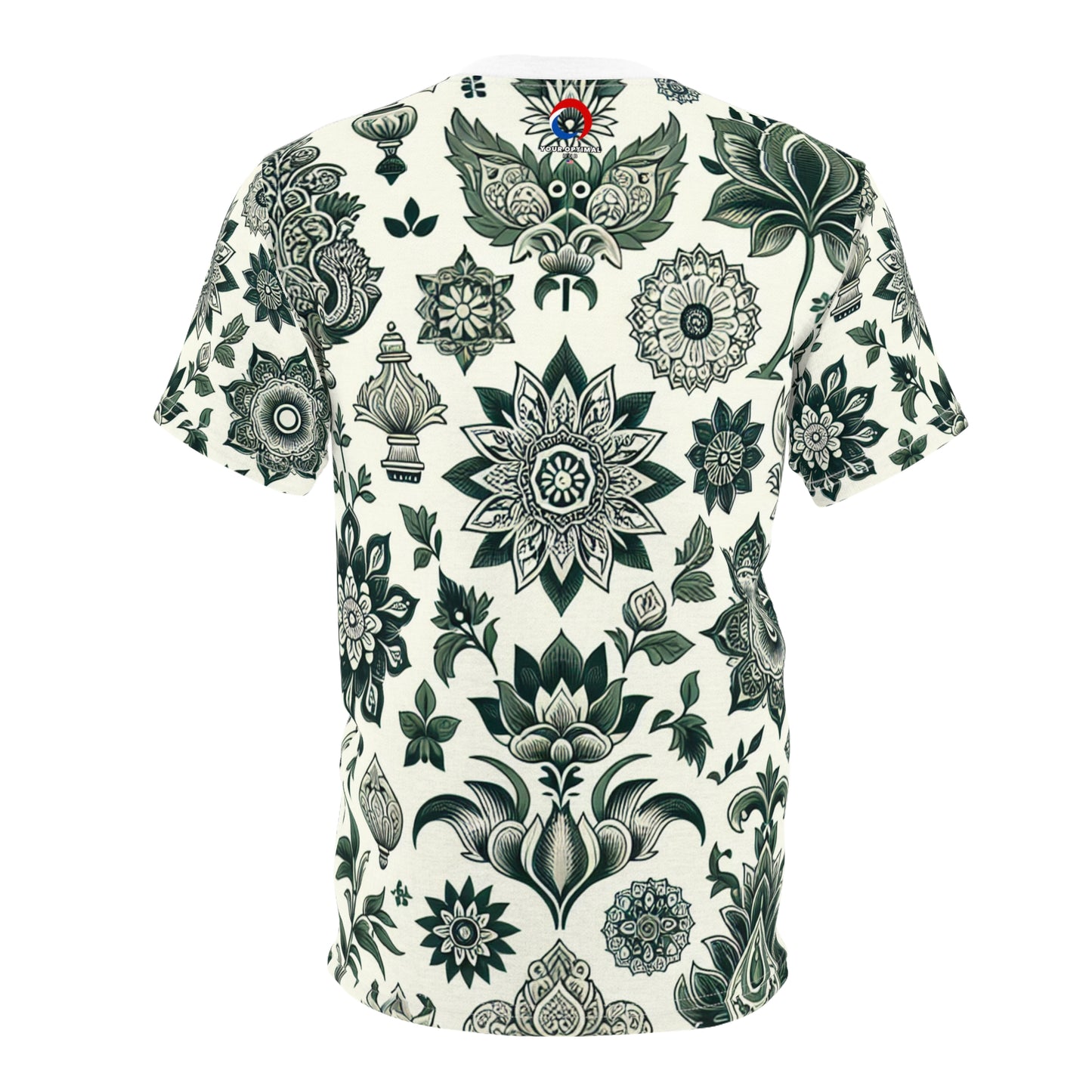 Traditionally Inspired Indian Motif Seamless Patterned T-shirt in White & Green - Intricately Designed Geometric & Floral Arrangement Tee