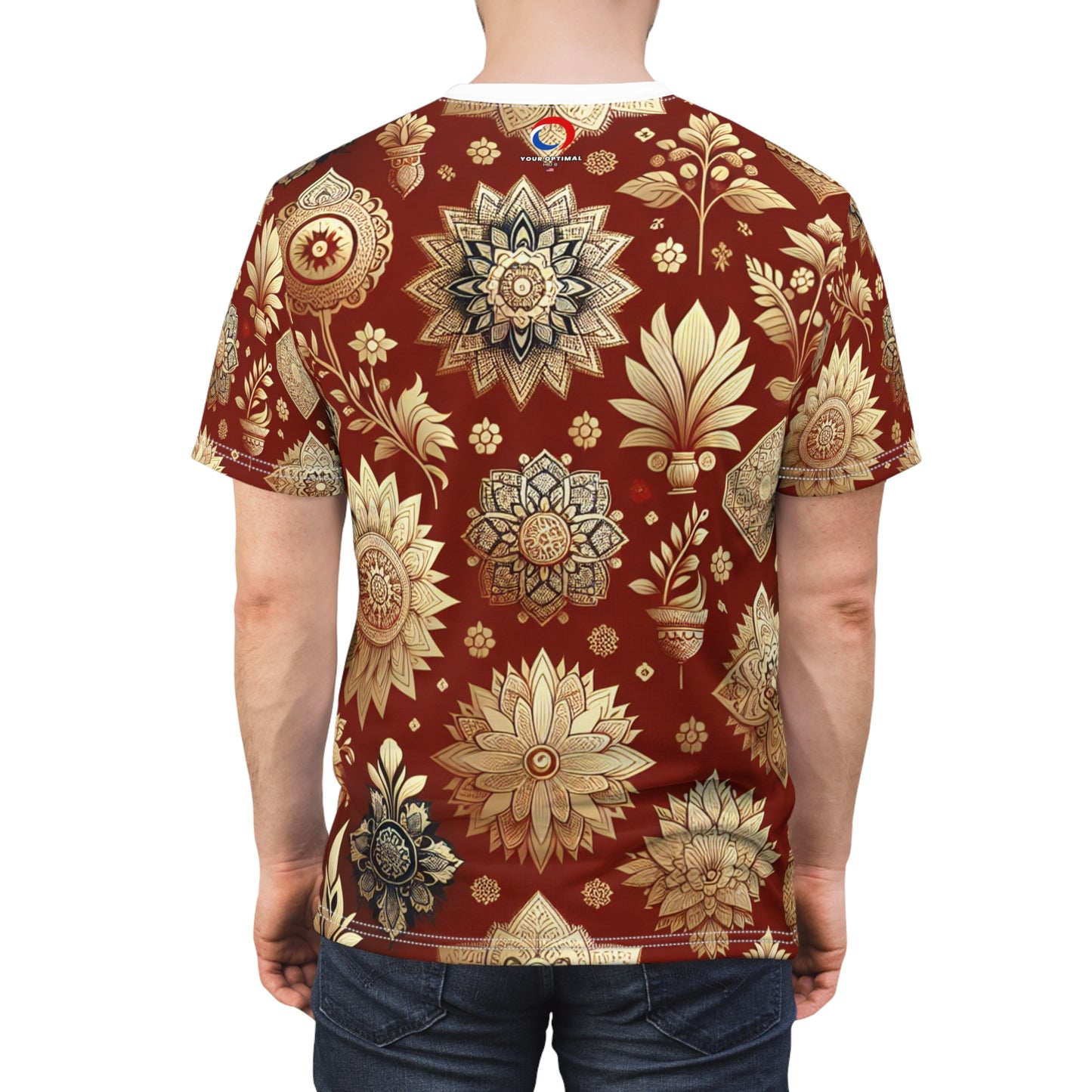 Traditional Indian Motif T-Shirt - Gold & Red Seamless Pattern - Floral and Geometric Design - Intricate Style for Modern Design - Indian Streetwear Tee