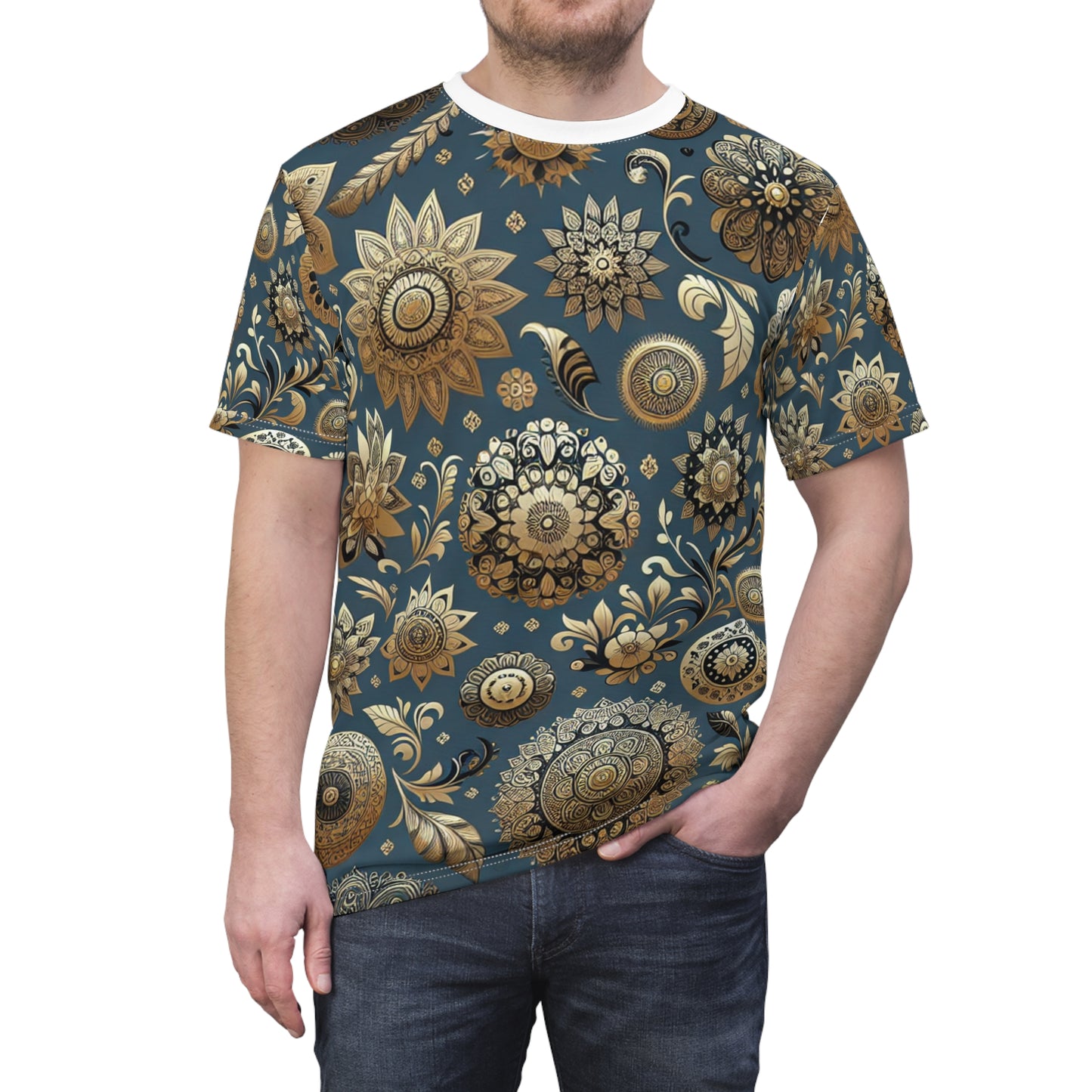 Exquisite Gold-and-Blue Indian Heritage Motif Pattern T-Shirt - Seamless Traditional Design - Rich Floral & Geometric Elements - Modern Minimal Aesthetic - Traditional Indian Motifs Tee