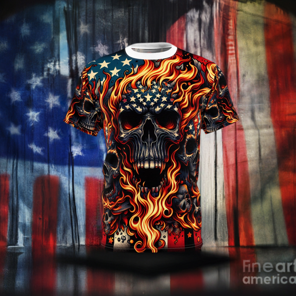 Fiery Patriotic Inferno: Skulls Unleashed in Bold American Glory T-shirt - Patriotic Streetwear Tee