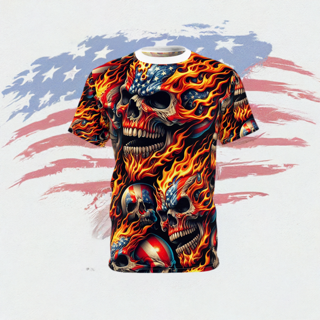 Inferno Patriot: Skull Blaze Mastery in Stars and Stripes Tee - Patriotic Streetwear Tee